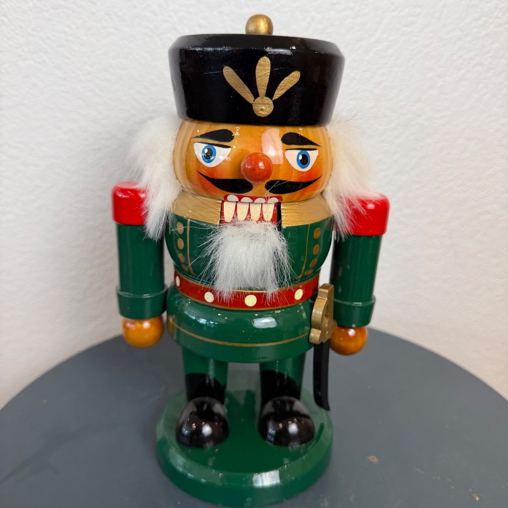Vintage Style Wooden Nutcracker Soldier Green Uniform Christmas Decor 10 Inch